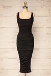 Fecho Black Fitted Ruched Midi Dress | La petite garçonne front view