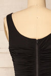 Fecho Black Fitted Ruched Midi Dress | La petite garçonne back close-up