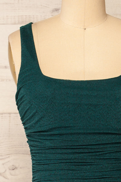 Fecho Green Fitted Ruched Midi Dress | La petite garçonne front close-up