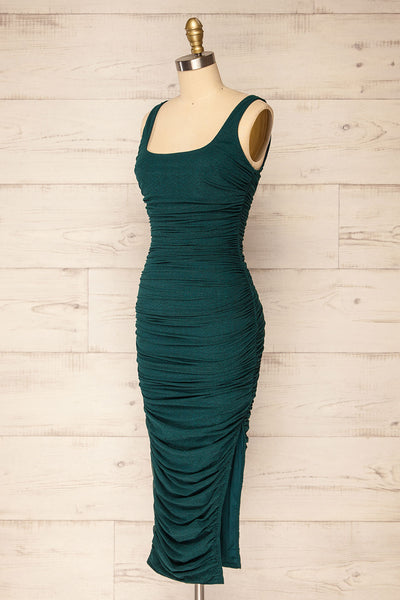 Fecho Green Fitted Ruched Midi Dress | La petite garçonne side view