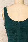 Fecho Green Fitted Ruched Midi Dress | La petite garçonne back close-up