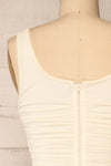 Fecho Ivory Fitted Ruched Midi Dress | La petite garçonne back close-up