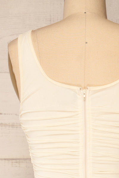 Fecho Ivory Fitted Ruched Midi Dress | La petite garçonne back close-up