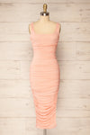 Fecho Pink Fitted Ruched Midi Dress | La petite garçonne front view
