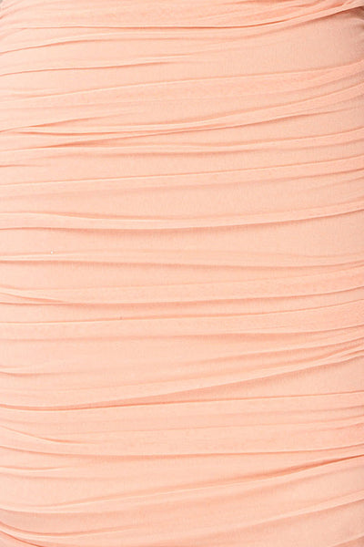 Fecho Pink Fitted Ruched Midi Dress | La petite garçonne fabric