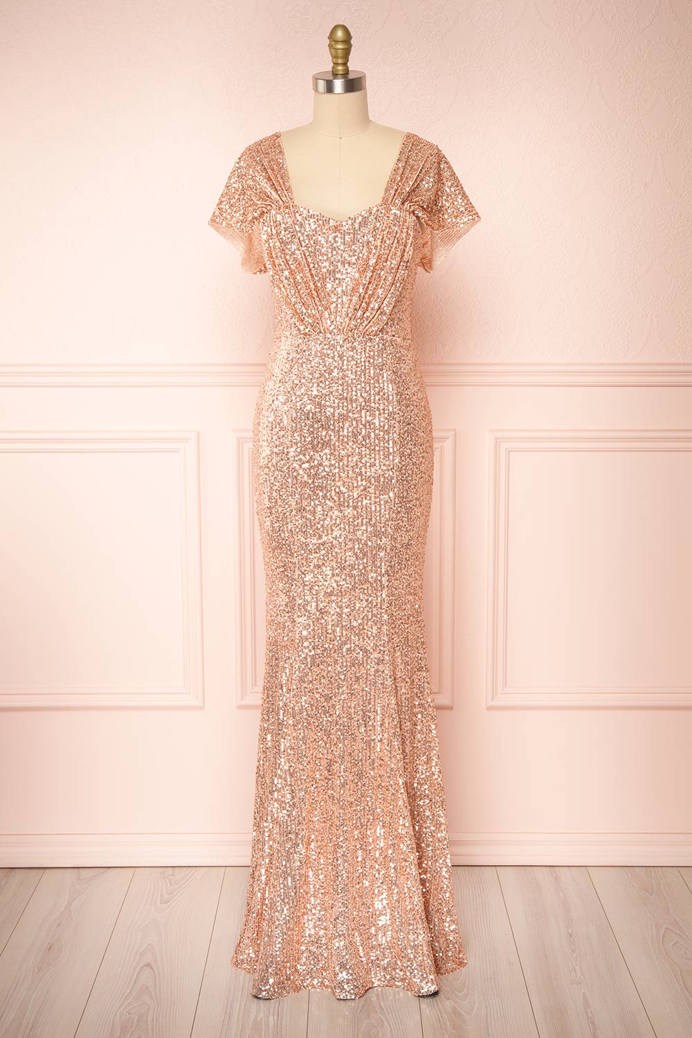 Felisa Rosegold Pleated Sequins Maxi Dress | Boutique 1861 front view 