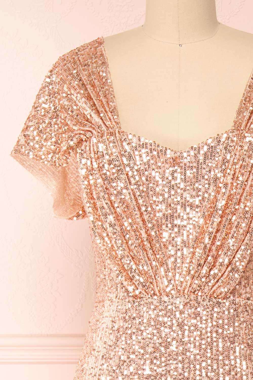 Felisa Rosegold Pleated Sequins Maxi Dress | Boutique 1861 front close-up