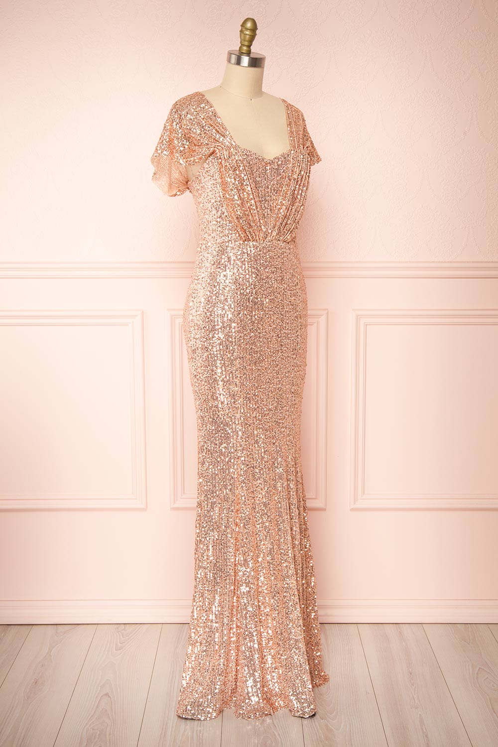Felisa Rosegold Pleated Sequins Maxi Dress | Boutique 1861 side view 