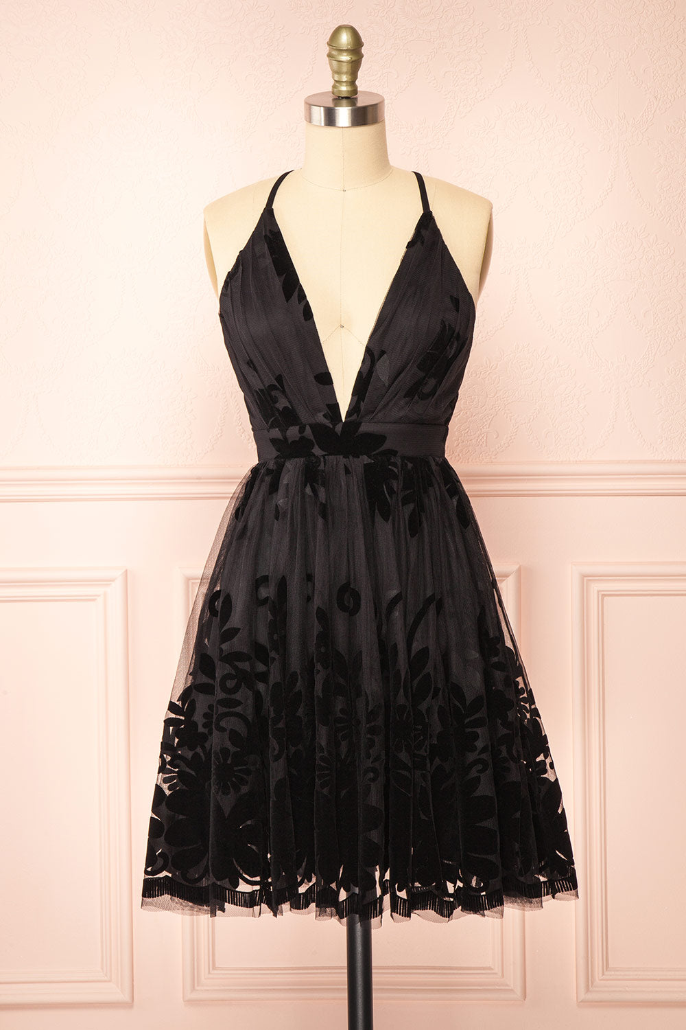 Filly Black Velvet Pattern Short A-Line Dress | Boutique 1861 front view