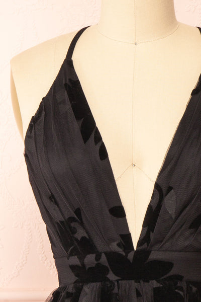 Filly Black Velvet Pattern Short A-Line Dress | Boutique 1861 front close-up