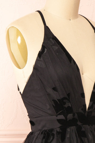 Filly Black Velvet Pattern Short A-Line Dress | Boutique 1861 side close-up