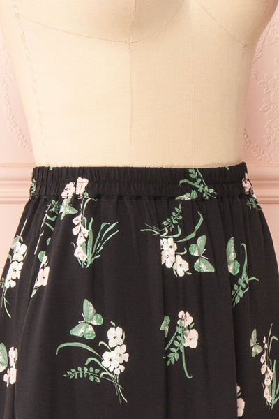 Finna Black Floral Midi Skirt w/ Elastic Waist | Boutique 1861 side close-up
