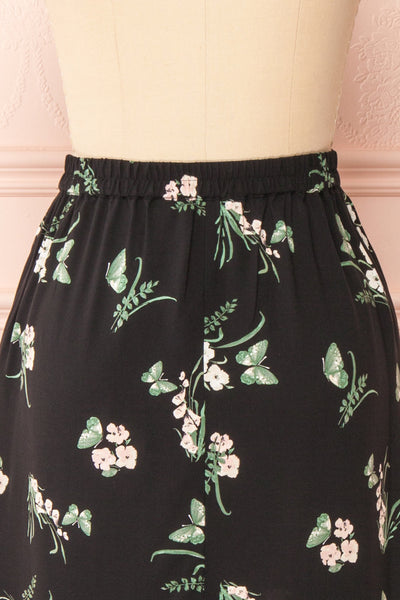 Finna Black Floral Midi Skirt w/ Elastic Waist | Boutique 1861 back close-up