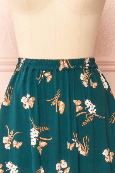 Finna Emerald Floral Midi Skirt w/ Elastic Waist | Boutique 1861 front close-up