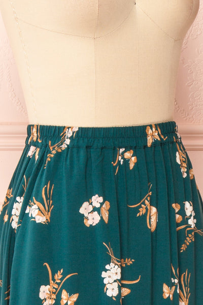 Finna Emerald Floral Midi Skirt w/ Elastic Waist | Boutique 1861 side close-up