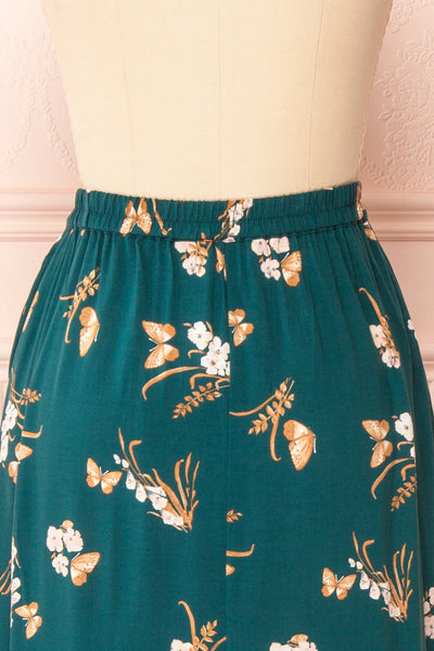 Finna Emerald Floral Midi Skirt w/ Elastic Waist | Boutique 1861 back close-up