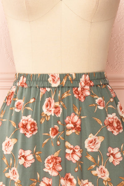 Finna Sage Floral Midi Skirt w/ Elastic Waist | Boutique 1861 front close-up