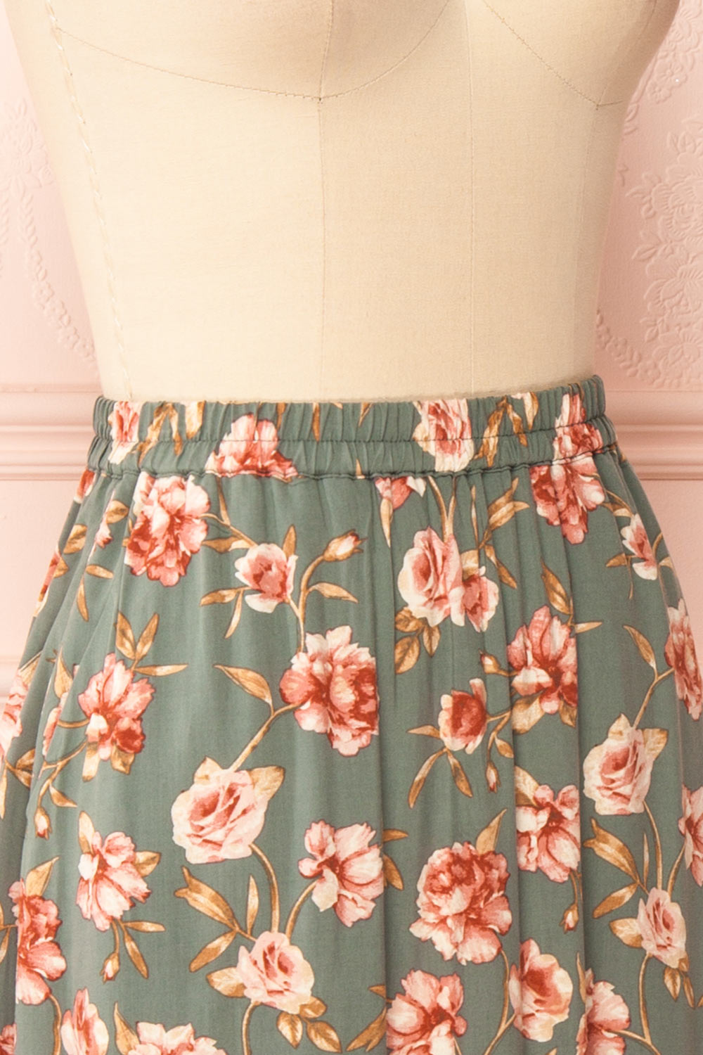Finna Sage Floral Midi Skirt w/ Elastic Waist | Boutique 1861 side close-up