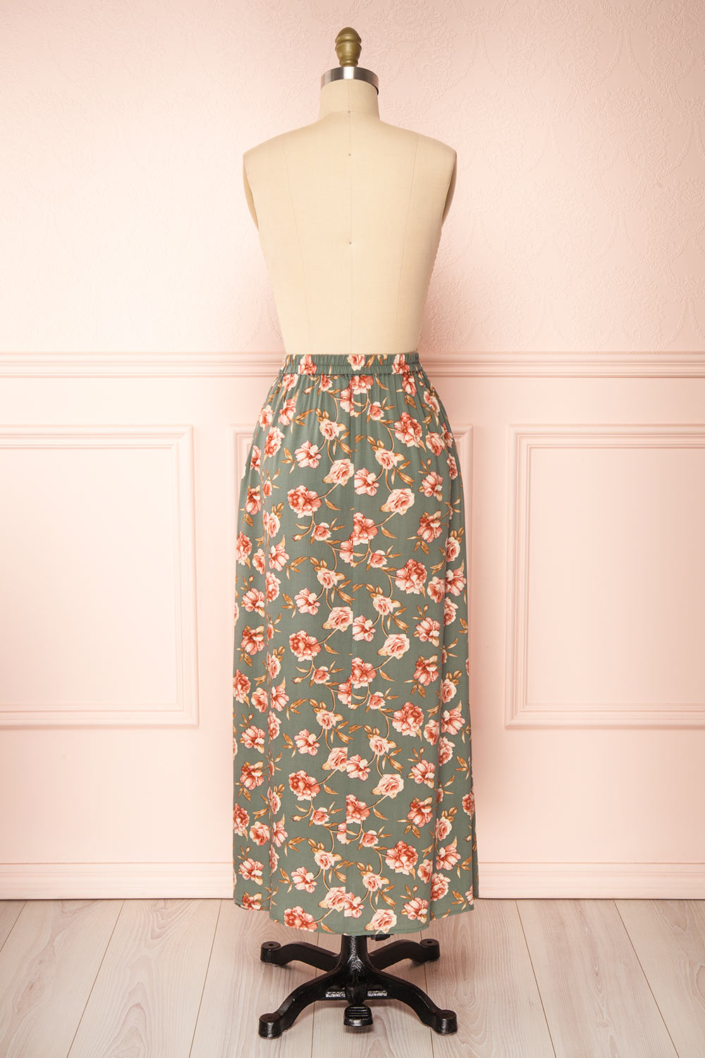 Finna Sage Floral Midi Skirt w/ Elastic Waist | Boutique 1861 back view 