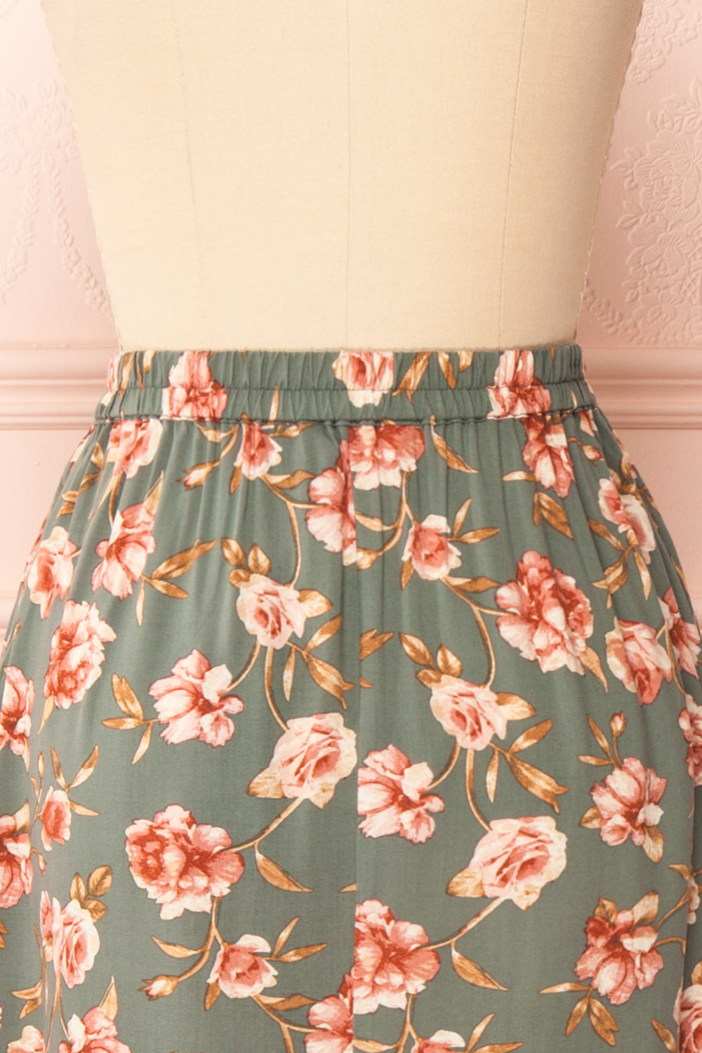 Finna Sage Floral Midi Skirt w/ Elastic Waist | Boutique 1861 back close-up