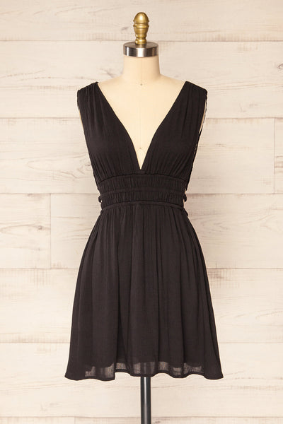 Forgia Black Short Faux-Linen V-Neck Dress | La petite garçonne front view