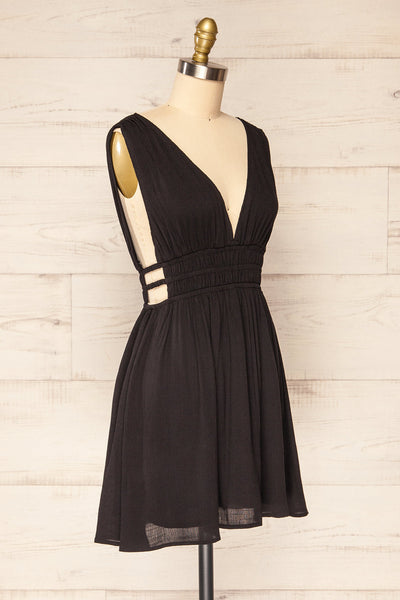 Forgia Black Short Faux-Linen V-Neck Dress | La petite garçonne side view