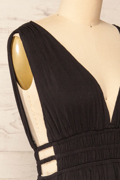 Forgia Black Short Faux-Linen V-Neck Dress | La petite garçonne side close-up