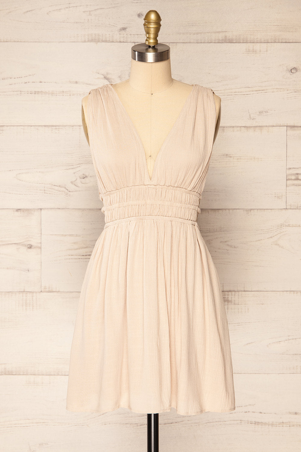 Forgia Taupe Short Faux-Linen V-Neck Dress | La petite garçonne front view