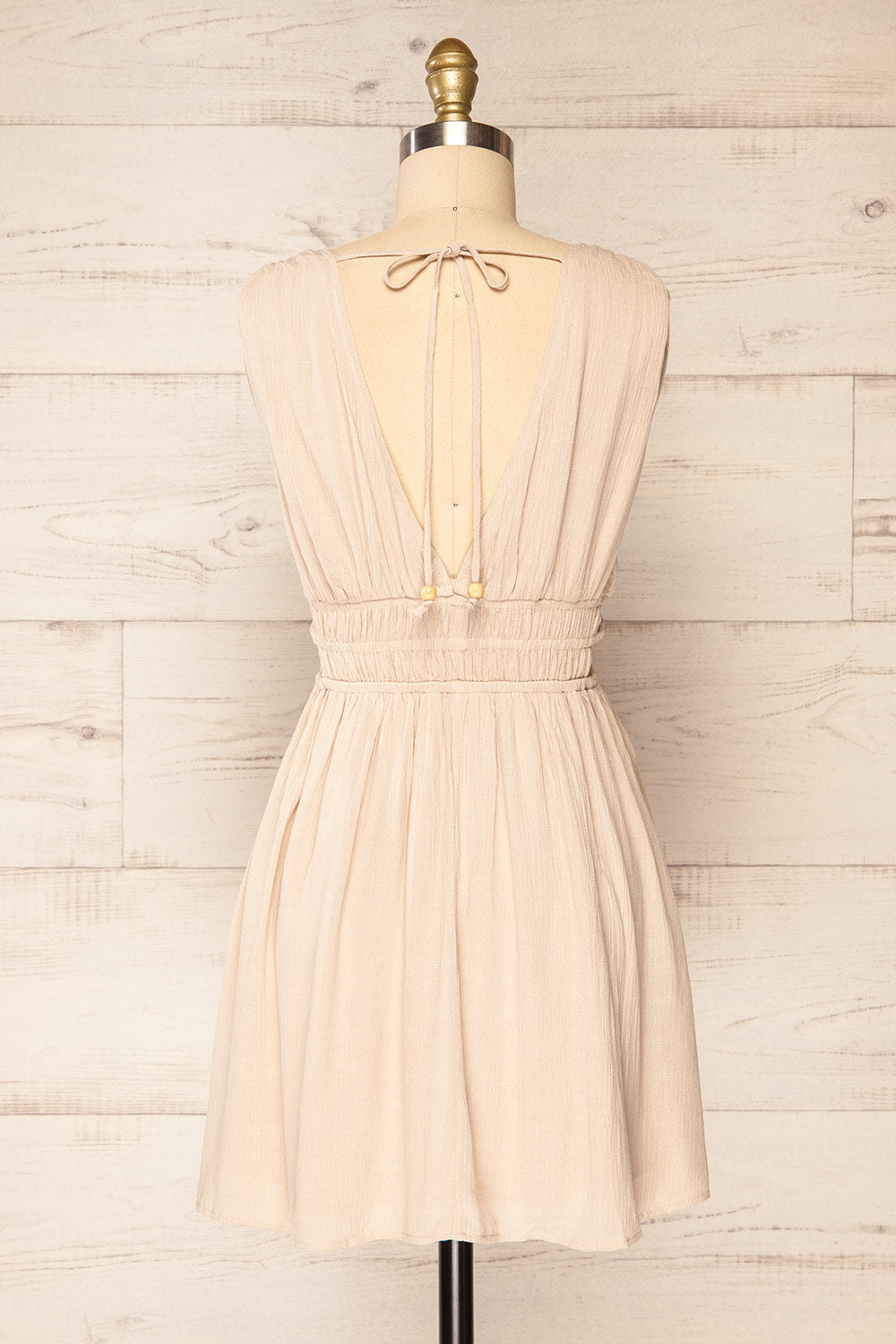 Forgia Taupe Short Faux-Linen V-Neck Dress | La petite garçonne back view