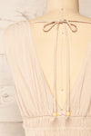 Forgia Taupe Short Faux-Linen V-Neck Dress | La petite garçonne back close-up