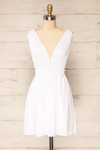 Forgia White Short Faux-Linen V-Neck Dress | La petite garçonne front view