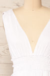 Forgia White Short Faux-Linen V-Neck Dress | La petite garçonne front close-up