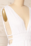 Forgia White Short Faux-Linen V-Neck Dress | La petite garçonne side close-up