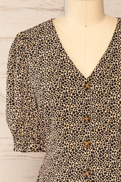 Frona Cheetah Puffed Sleeves Button Up Dress | La petite garçonne front close-up