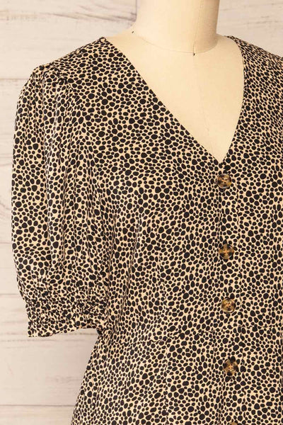 Frona Cheetah Puffed Sleeves Button Up Dress | La petite garçonne side close-up