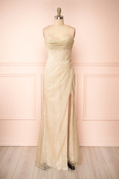 Frosti Champagne Sparkly Cowl Neck Maxi Dress | Boutique 1861 front view