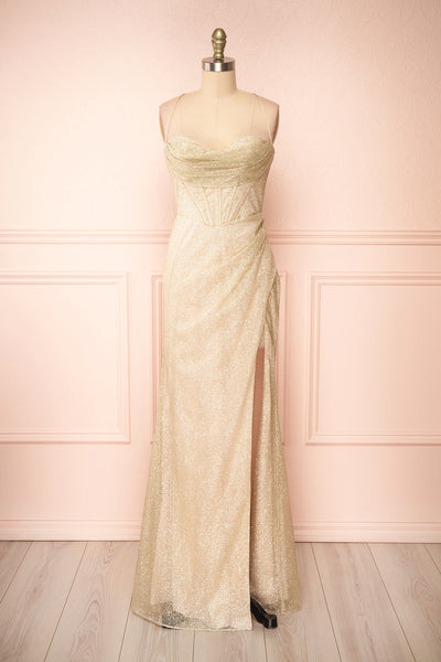 Frosti Champagne Sparkly Cowl Neck Maxi Dress Boutique 1861