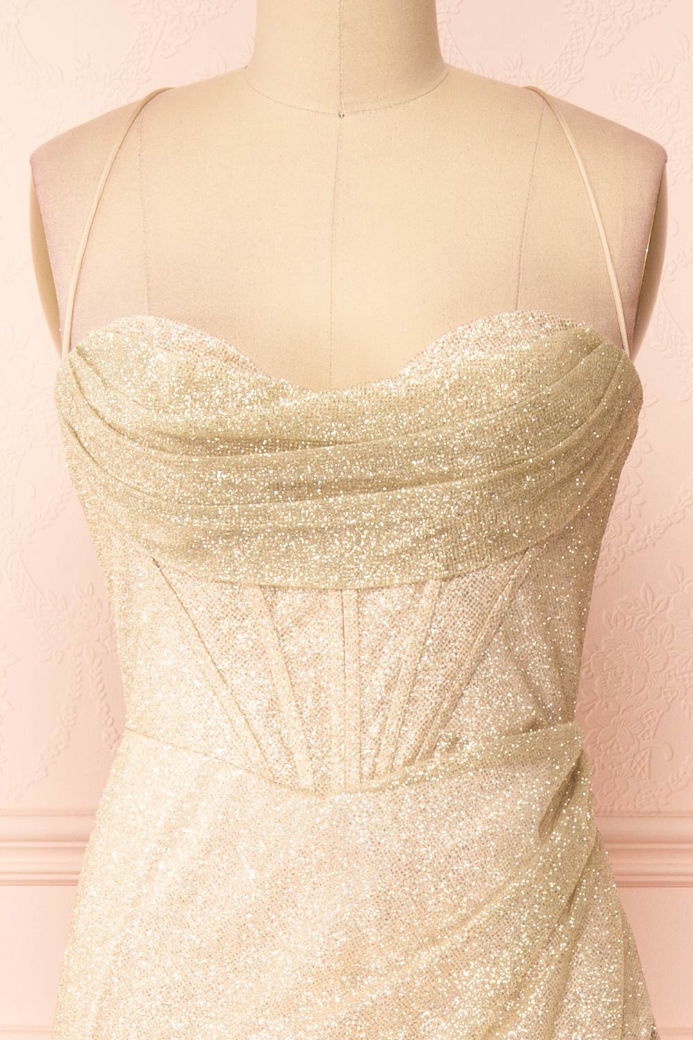 Frosti Champagne Sparkly Cowl Neck Maxi Dress | Boutique 1861 front close-up