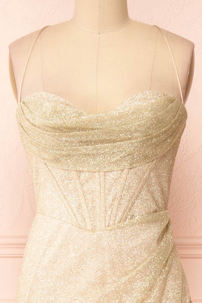 Frosti Champagne Sparkly Cowl Neck Maxi Dress | Boutique 1861 front close-up
