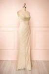 Frosti Champagne Sparkly Cowl Neck Maxi Dress | Boutique 1861 side view