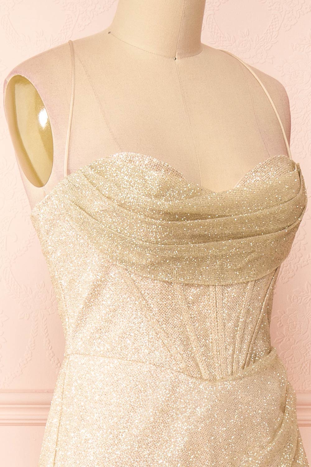 Frosti Champagne Sparkly Cowl Neck Maxi Dress | Boutique 1861 side close-up