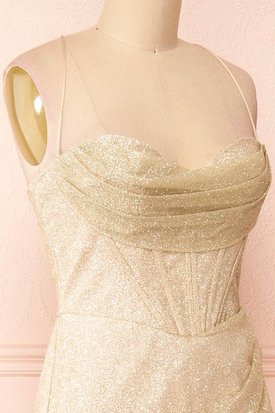 Frosti Champagne Sparkly Cowl Neck Maxi Dress | Boutique 1861 side close-up