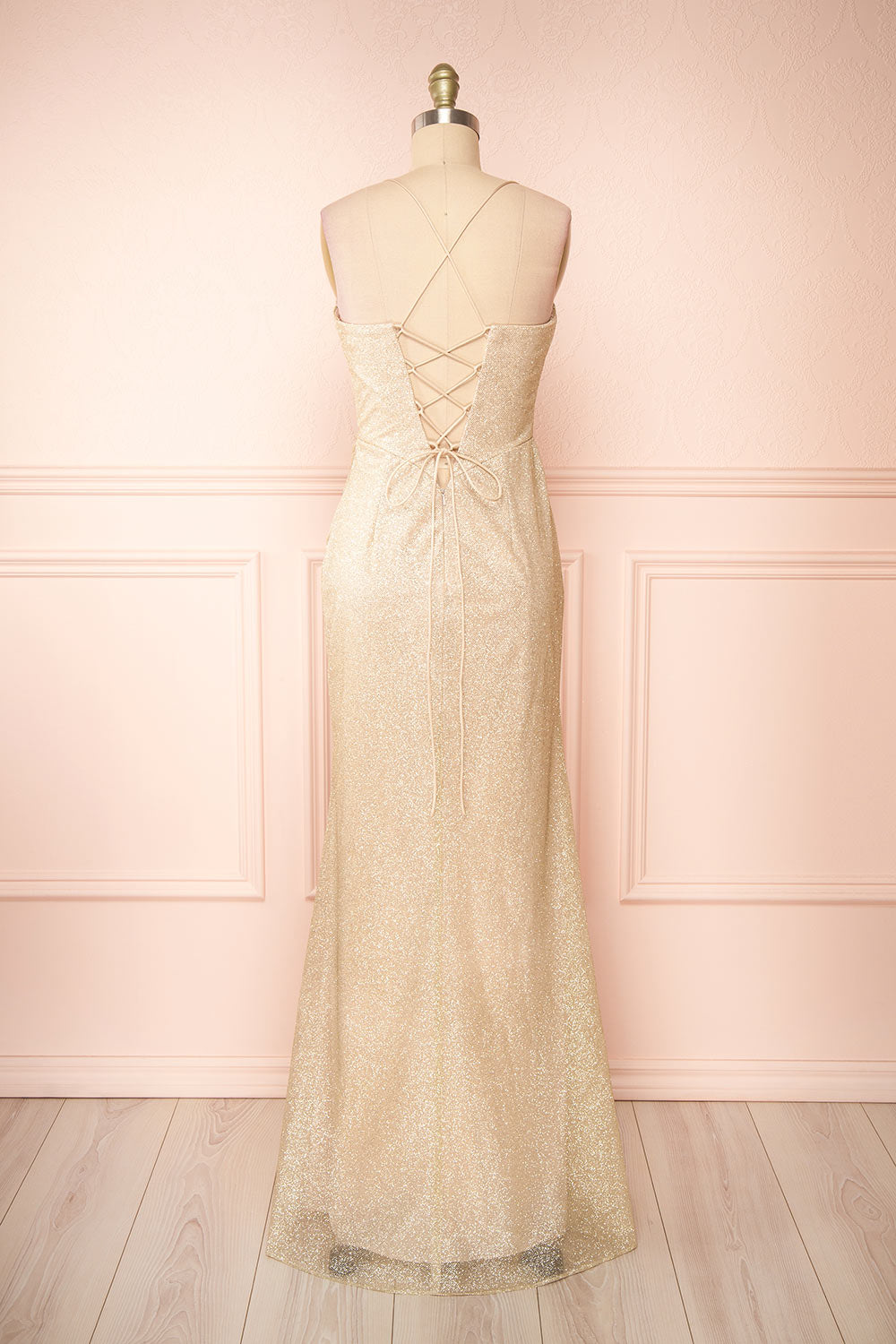 Frosti Champagne Sparkly Cowl Neck Maxi Dress | Boutique 1861 back view 
