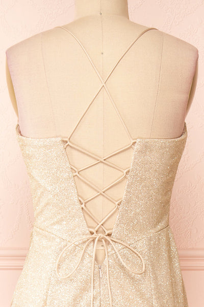 Frosti Champagne Sparkly Cowl Neck Maxi Dress | Boutique 1861 back close-up
