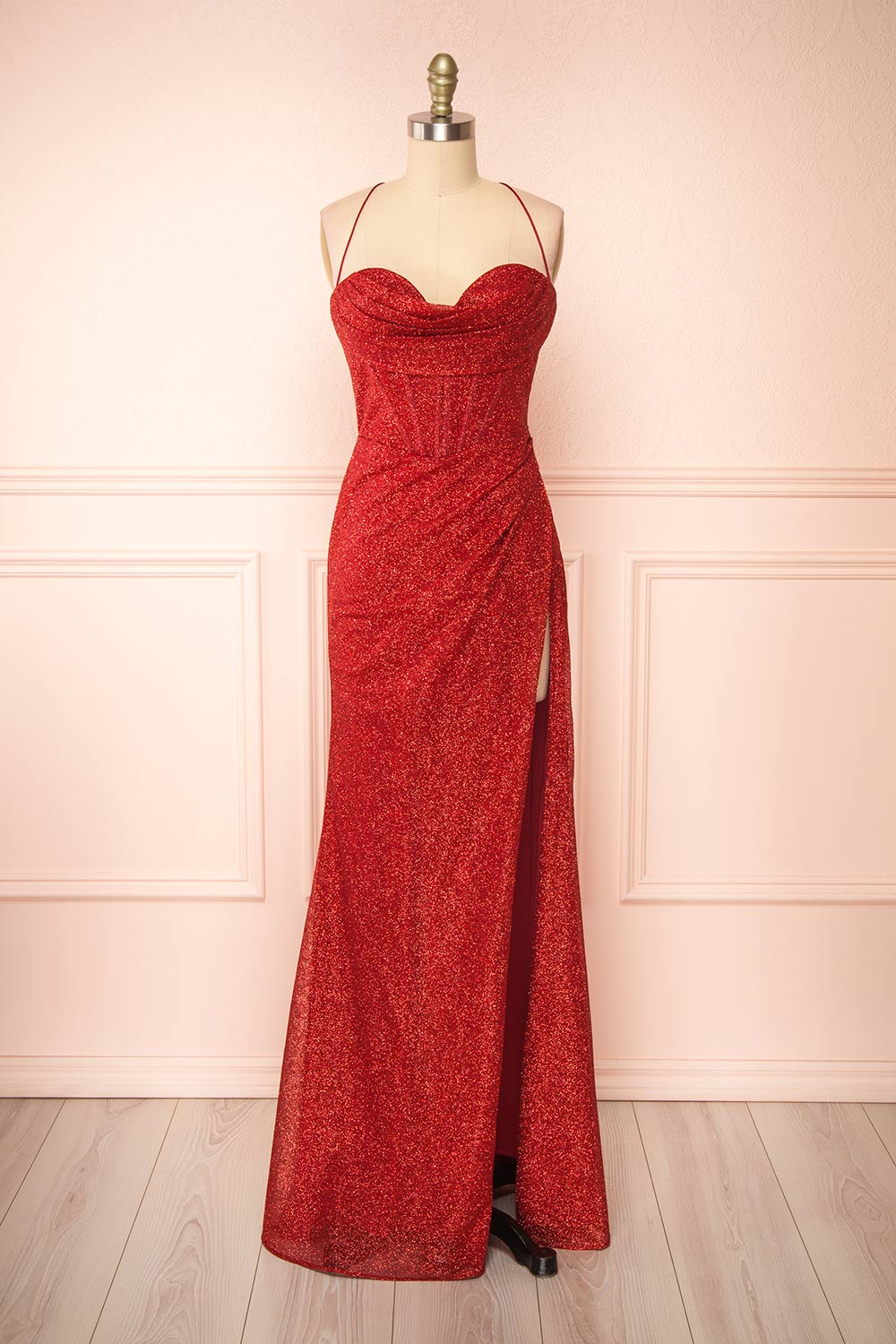 Frosti Red Sparkly Cowl Neck Maxi Dress | Boutique 1861 front view 