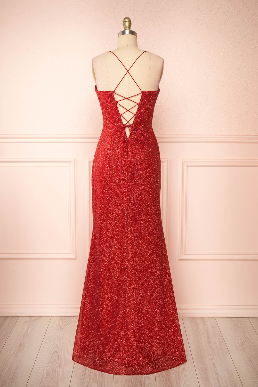 Frosti Red Sparkly Cowl Neck Maxi Dress | Boutique 1861 back view 