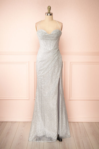 Frosti Silver Sparkly Cowl Neck Maxi Dress | Boutique 1861 front view