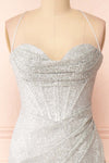Frosti Silver Sparkly Cowl Neck Maxi Dress | Boutique 1861 front close-up