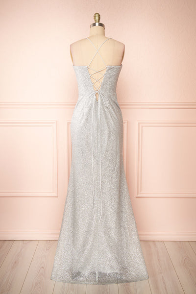 Frosti Silver Sparkly Cowl Neck Maxi Dress | Boutique 1861 back view