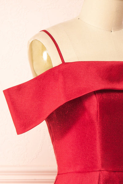 Fuengi Burgundy Off-Shoulder Short Dress | Boutique 1861  side close-up